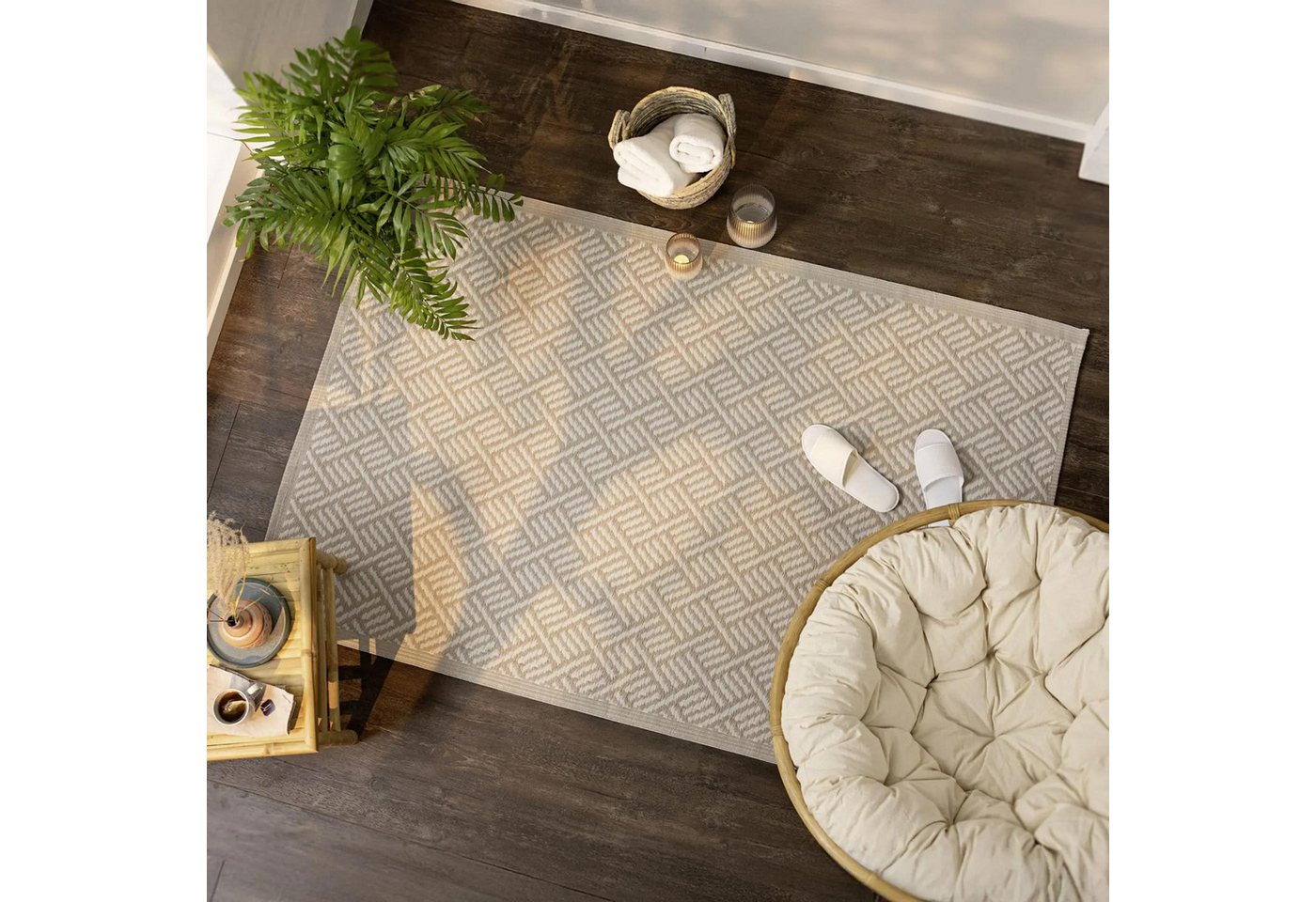 Dekoleidenschaft Outdoorteppich "Beige" 120x180 cm, Teppich wetterfest, schmutzabweisend & abwaschbar, rechteckig, aus recyceltem Polypropylen, Indoor & Outdoor – Bild 2 von 5