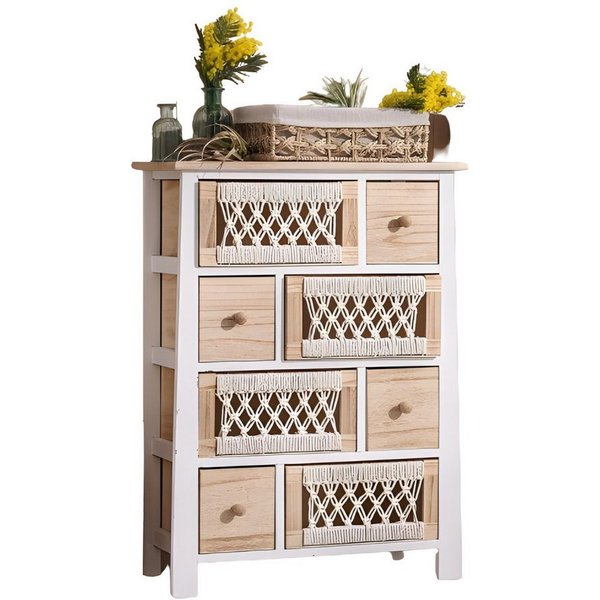Dekoleidenschaft Schubkastenkommode Kommode "Makramee" aus Holz & Textil 56x77 cm, 8 Schubladen, Boho Chic, Schubladenkommode, kleine Holzkommode, Flurkommode,