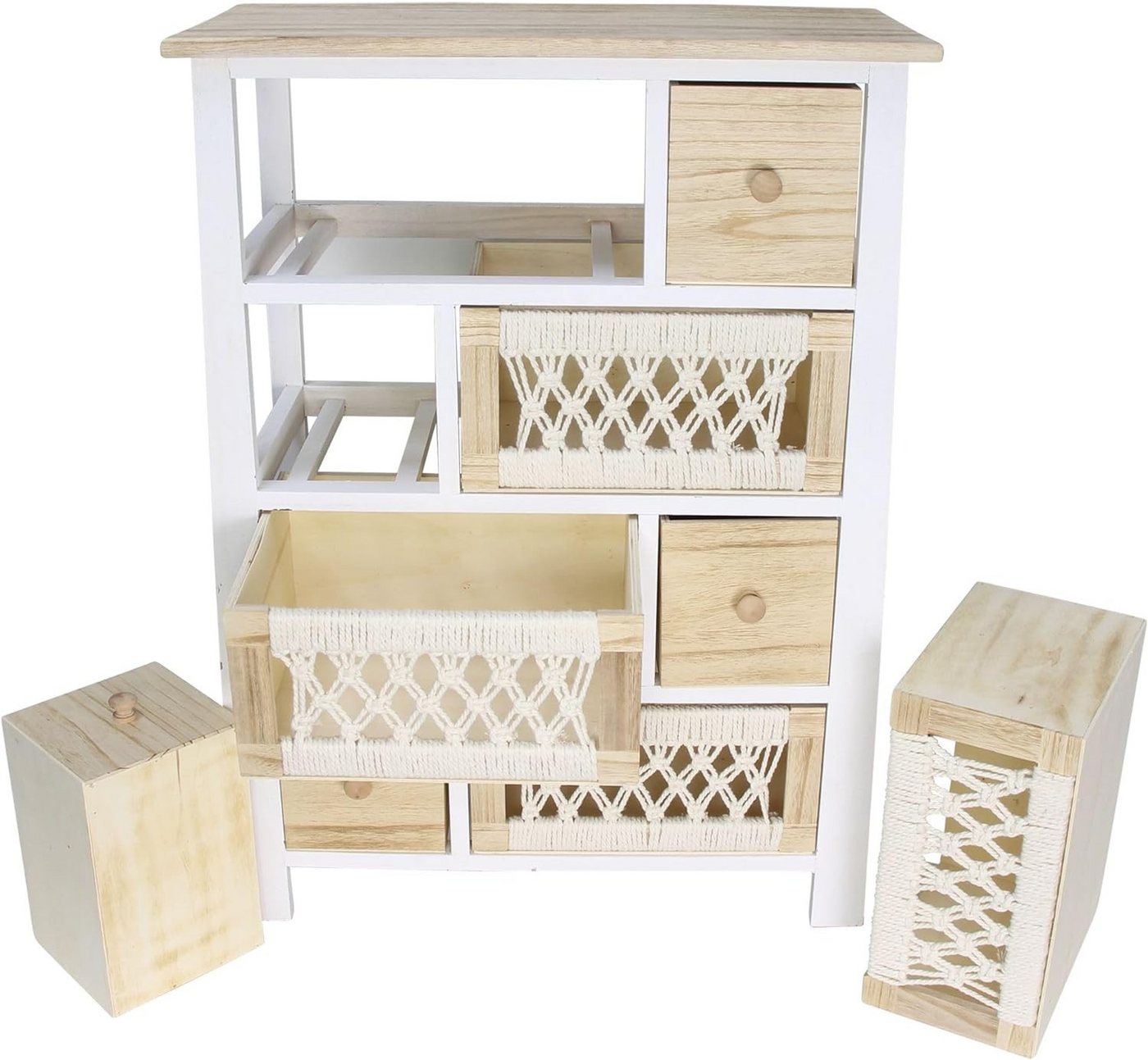 Dekoleidenschaft Schubkastenkommode Kommode "Makramee" aus Holz & Textil 56x77 cm, 8 Schubladen, Boho Chic, Schubladenkommode, kleine Holzkommode, Flurkommode,  – Bild 5 von 5