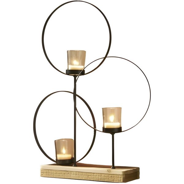 Dekoleidenschaft Windlicht "Ringe" aus Metall schwarz mit Sockel aus recyceltem Holz für 1 oder 3, Teelichter, Teelichtglas, Teelichthalter, Windlichtglas, Kerz