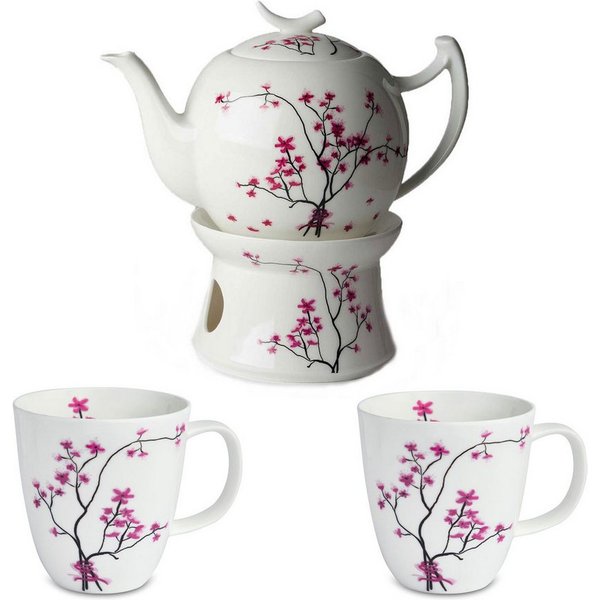 Dekomiro Teeservice TeaLogic Cherry Blossom 1 Tekanne 2L, 2 Becher 0,4L u. Stövchen (5-tlg), 2 Personen, Fine Bone China Porzellan, Teesevice mit Teekanne 2 Lit