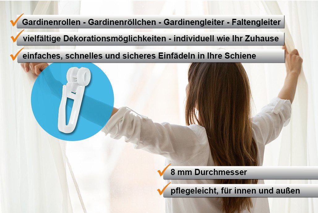 dekondo Gardinenröllchen Gardinengleiter, Faltenlege-Rollring, 8 mm Durchmesser, für Gardinenschienen, -leisten - oder Stangen mit Innenlauf, (100-St), mit vers – Bild 3 von 5