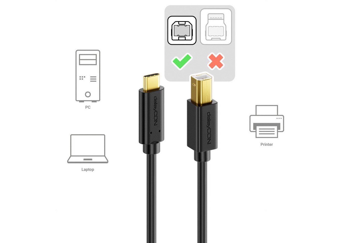 deleyCON deleyCON 1m USB C Kabel Datenkabel USB 2.0 USB-B zu USB-C Computer Tintenstrahldrucker – Bild 5 von 5