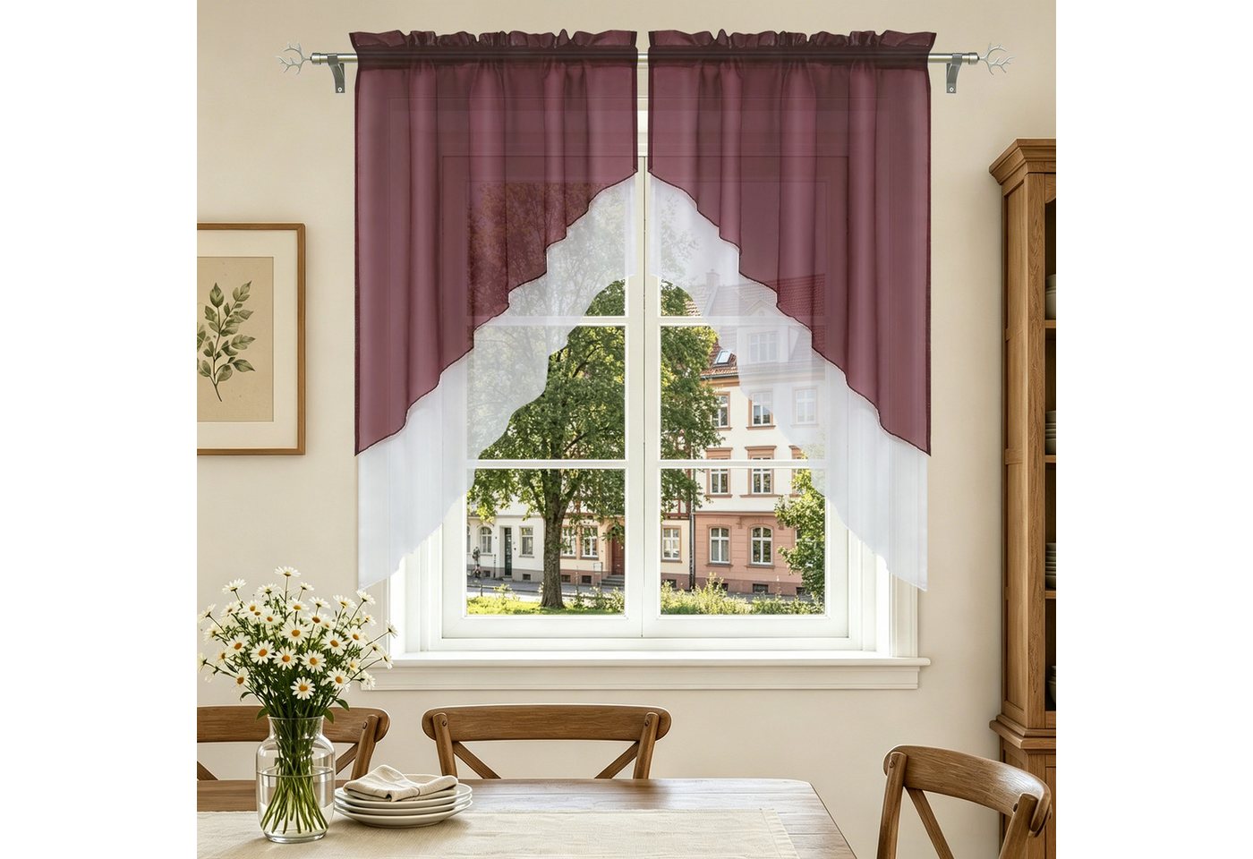 Delien Scheibengardine Beyza, Kurzgardine Stangendurchzug, wellenförmiger Fensterabschluss (2 St), Stangendurchzug, transparent, Zweifarbig – Bild 2 von 5