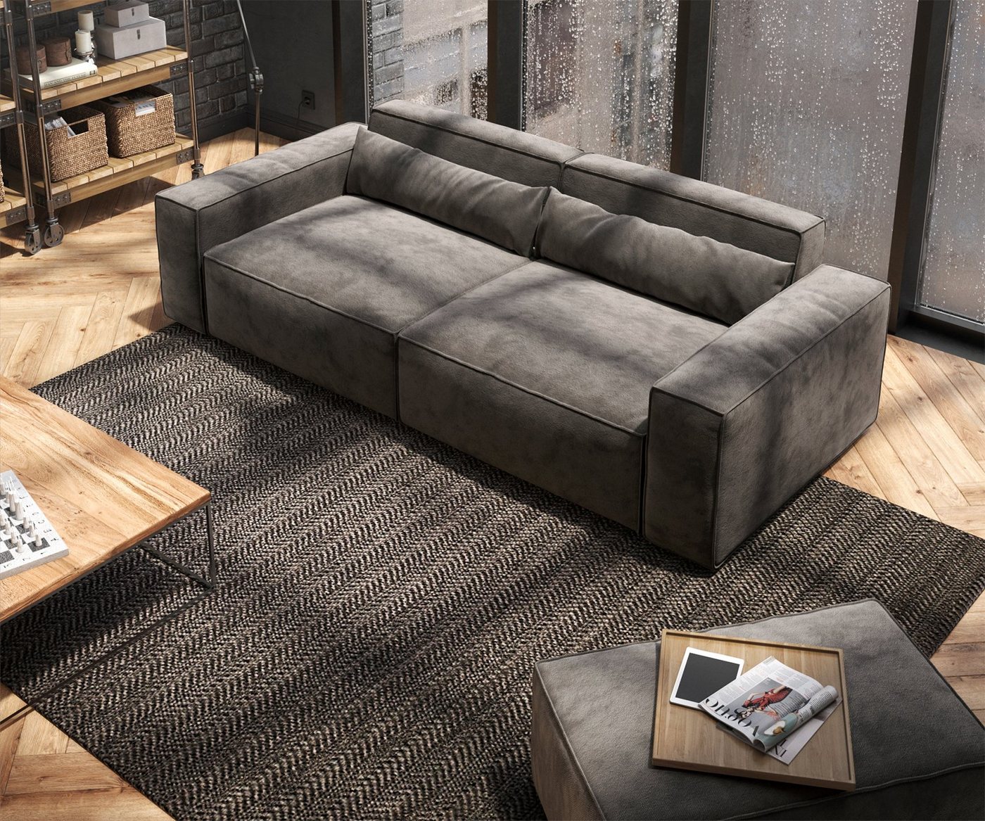 DELIFE Big-Sofa Sirpio, Mikrofaser Khakibraun 230x95 cm mit Hocker – Bild 4 von 5