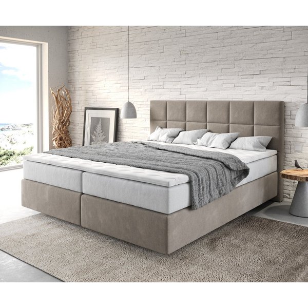 DELIFE Boxspringbett Dream-Fine, Mikrofaser Beige 180x200 cm mit TFK Matratze und Visco Topper