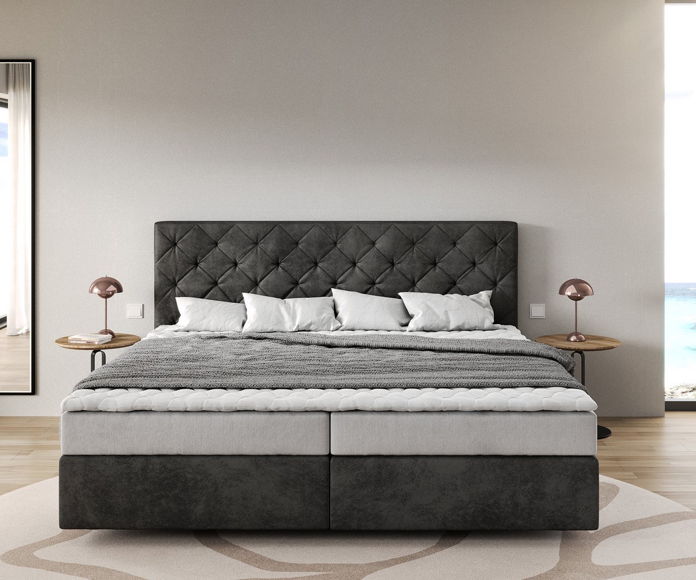 DELIFE Boxspringbett Dream-Great, Mikrofaser Anthrazit Vintage 200x200 cm Bonell-Matratze PU-Topper – Bild 2 von 5