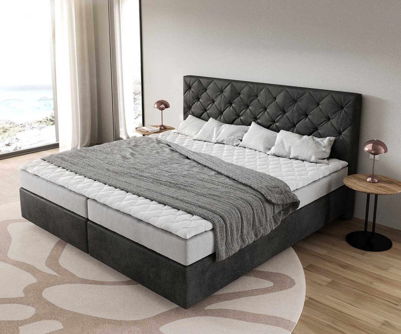 DELIFE Boxspringbett Dream-Great, Mikrofaser Anthrazit Vintage 200x200 cm Bonell-Matratze PU-Topper – Bild 4 von 5