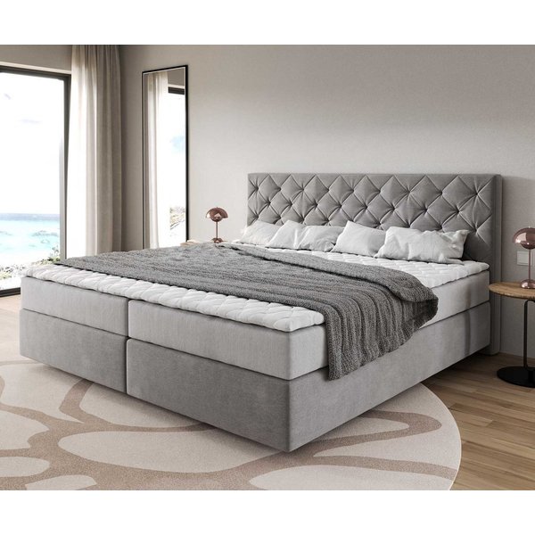 DELIFE Boxspringbett Dream-Great, Mikrofaser Grau 200x200 cm mit Taschenfederkernmatratze und Topper Vis