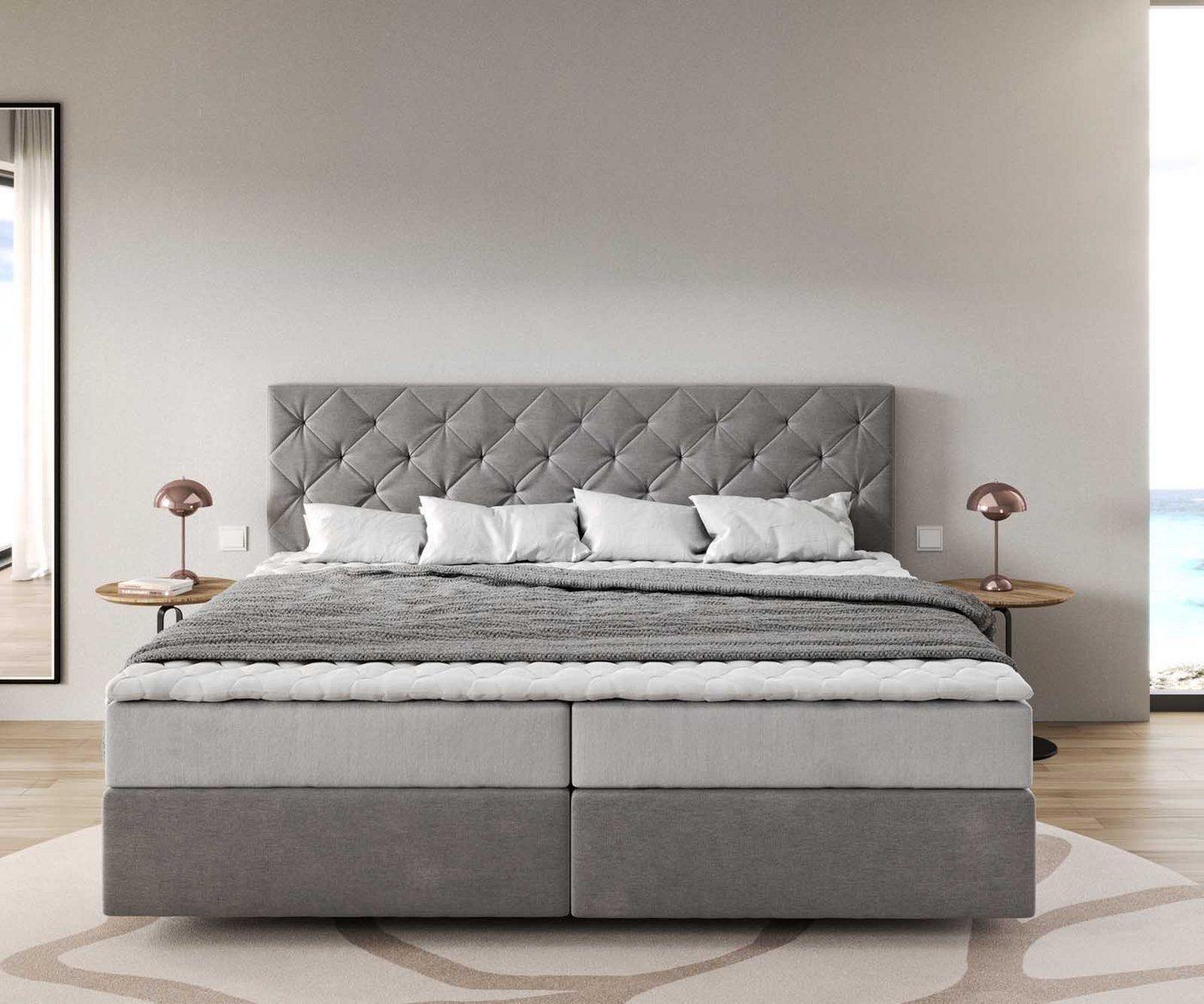 DELIFE Boxspringbett Dream-Great, Mikrofaser Grau 200x200 cm mit Taschenfederkernmatratze und Topper Vis – Bild 2 von 5