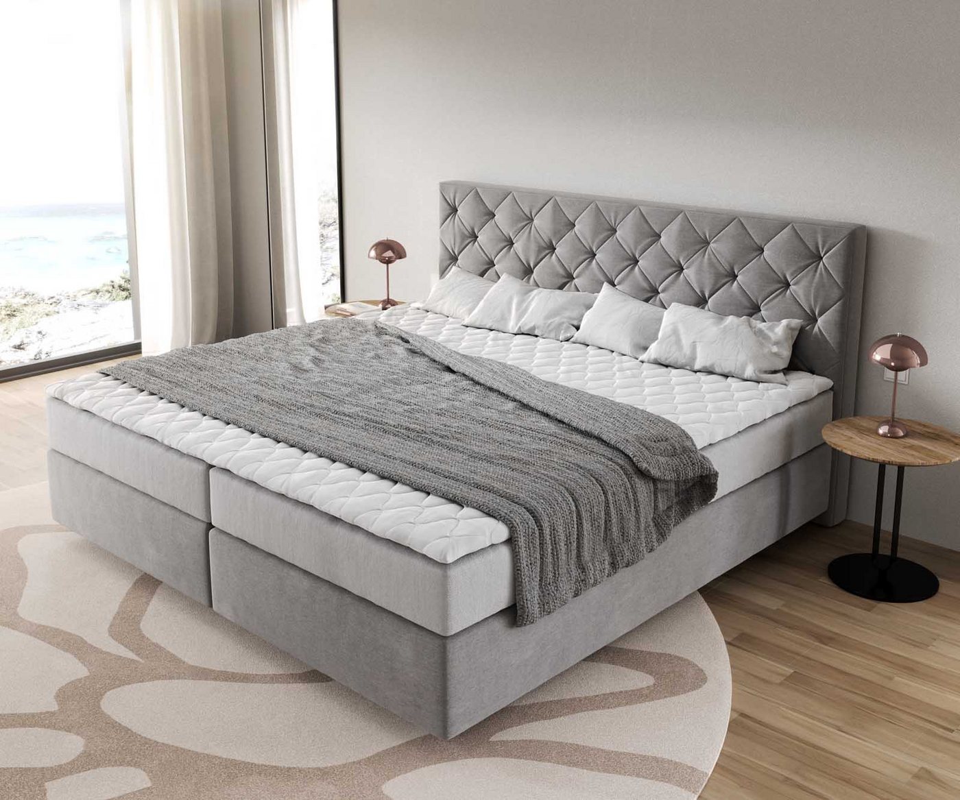 DELIFE Boxspringbett Dream-Great, Mikrofaser Grau 200x200 cm mit Taschenfederkernmatratze und Topper Vis – Bild 4 von 5