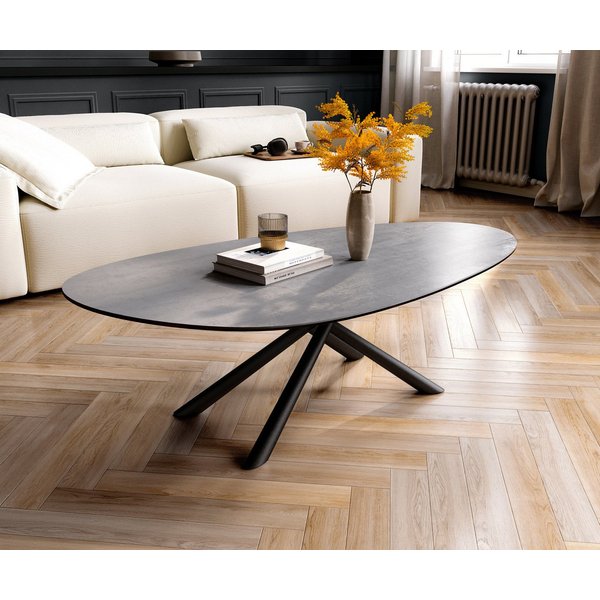 DELIFE Couchtisch Edge, Oval 135x80 cm Keramik Beton Grau Sarity Metall Schwarz