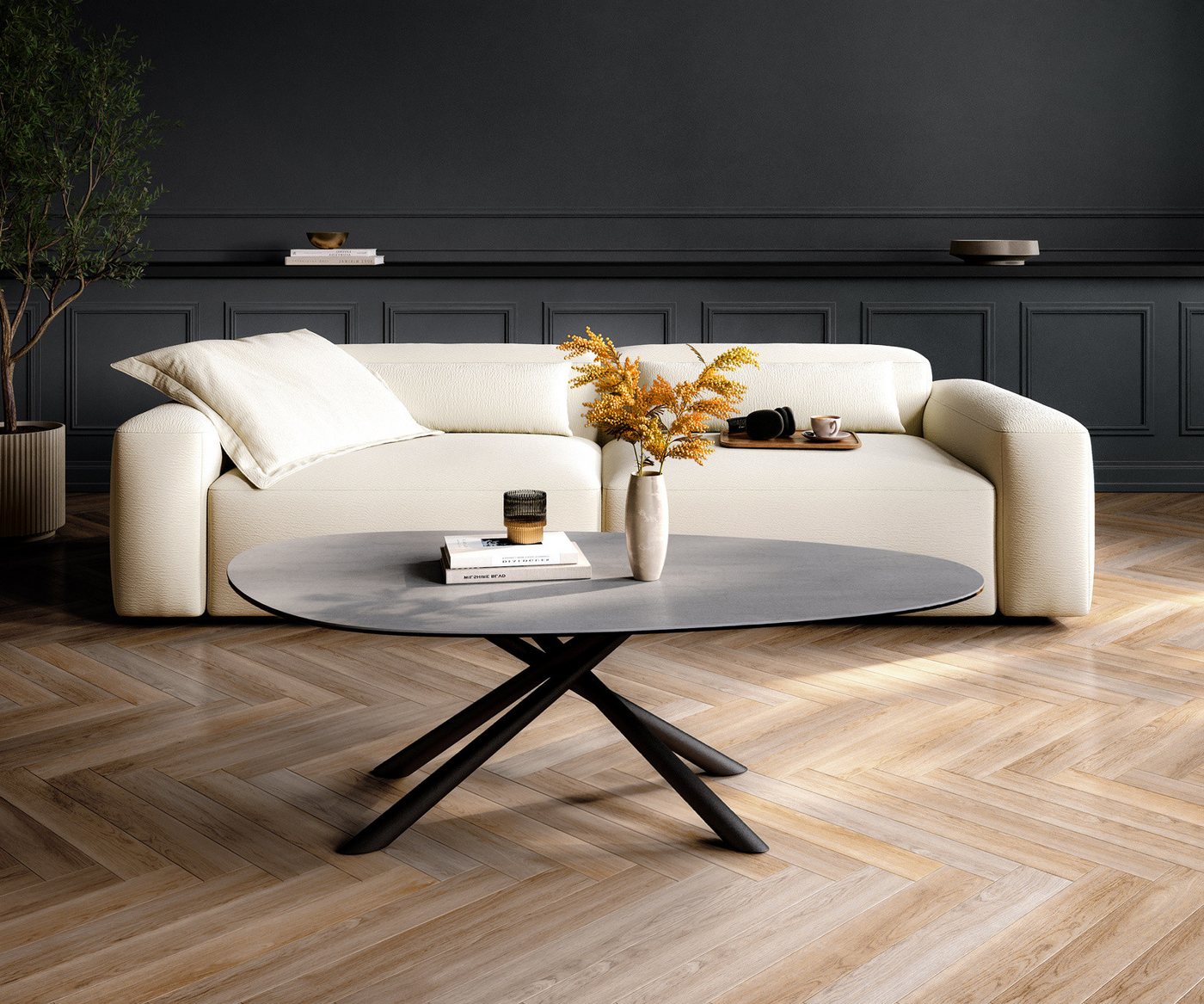 DELIFE Couchtisch Edge, Oval 140x75 cm Keramik Beton Grau Sarity Metall Schwarz – Bild 3 von 5