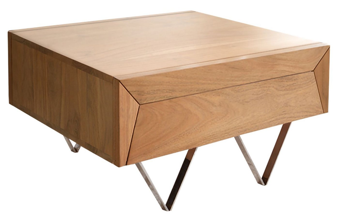 DELIFE Couchtisch Kayu, Akazie Natur 60x60 cm 2 Schübe V-Fuß Edelstahl Couchtisch – Bild 2 von 5