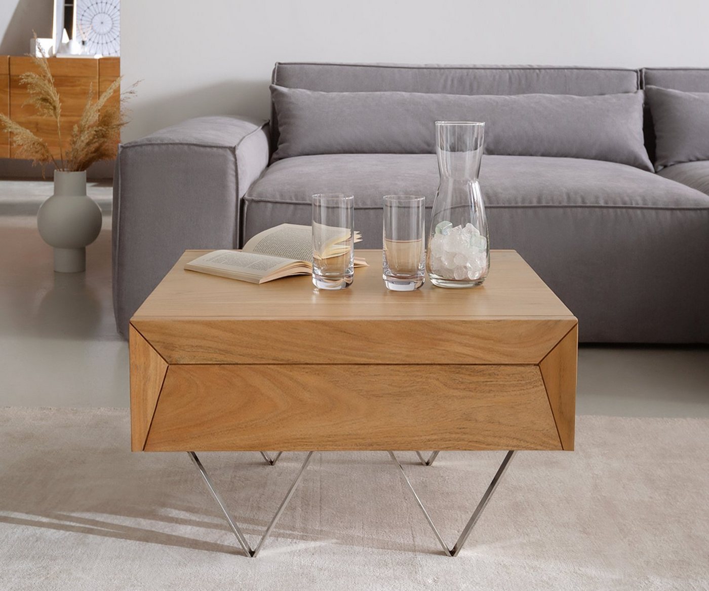 DELIFE Couchtisch Kayu, Akazie Natur 60x60 cm 2 Schübe V-Fuß Edelstahl Couchtisch – Bild 3 von 5