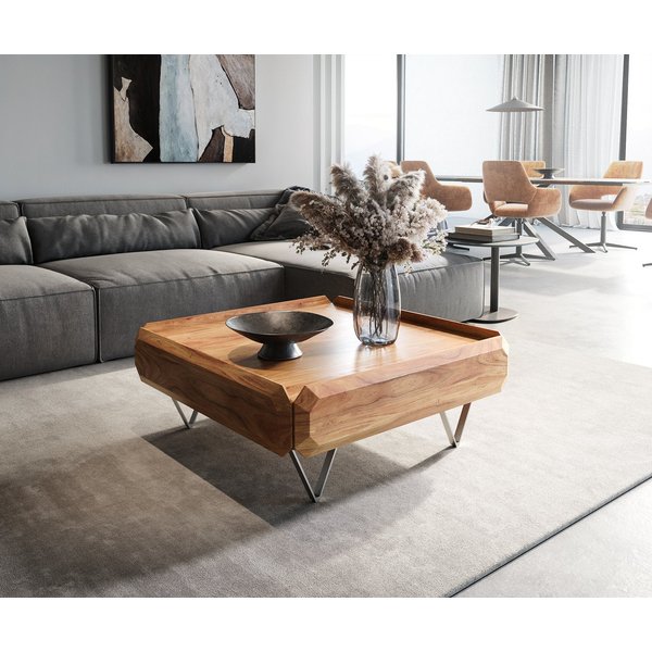 DELIFE Couchtisch Kiano, Akazie Natur 90x90 cm 2 Schübe V-Fuß Edelstahl