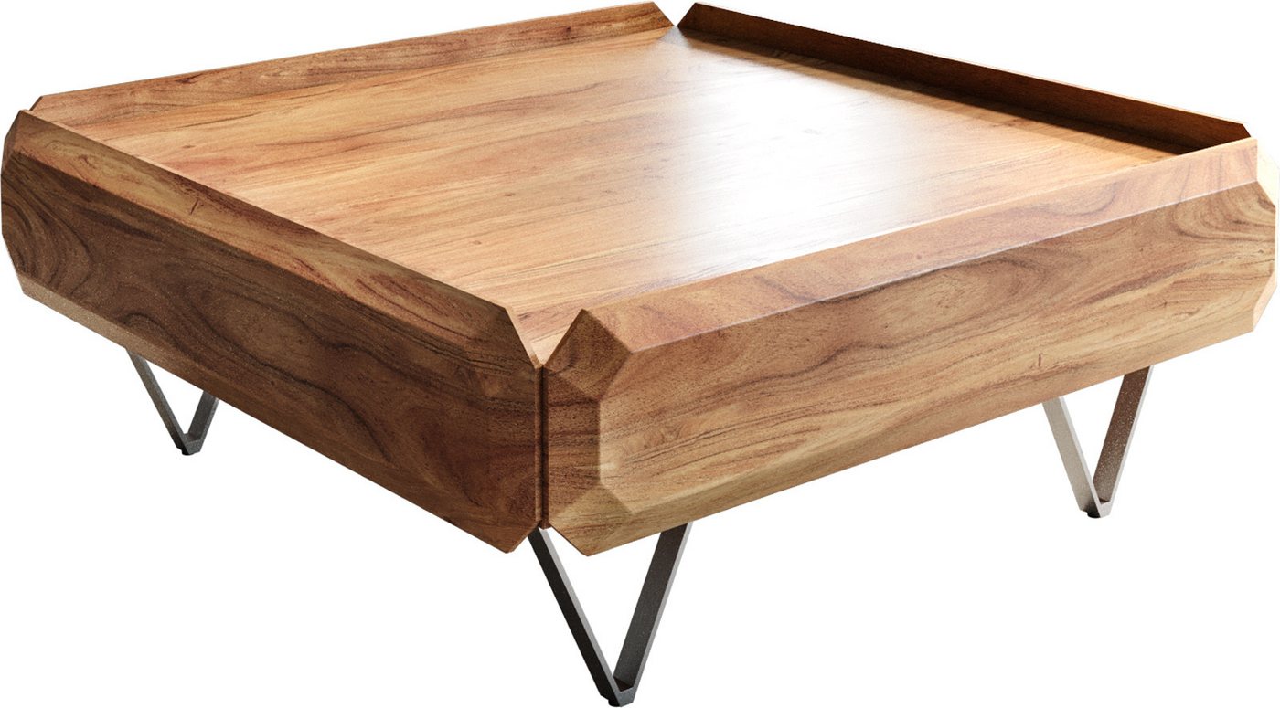 DELIFE Couchtisch Kiano, Akazie Natur 90x90 cm 2 Schübe V-Fuß Edelstahl – Bild 2 von 5