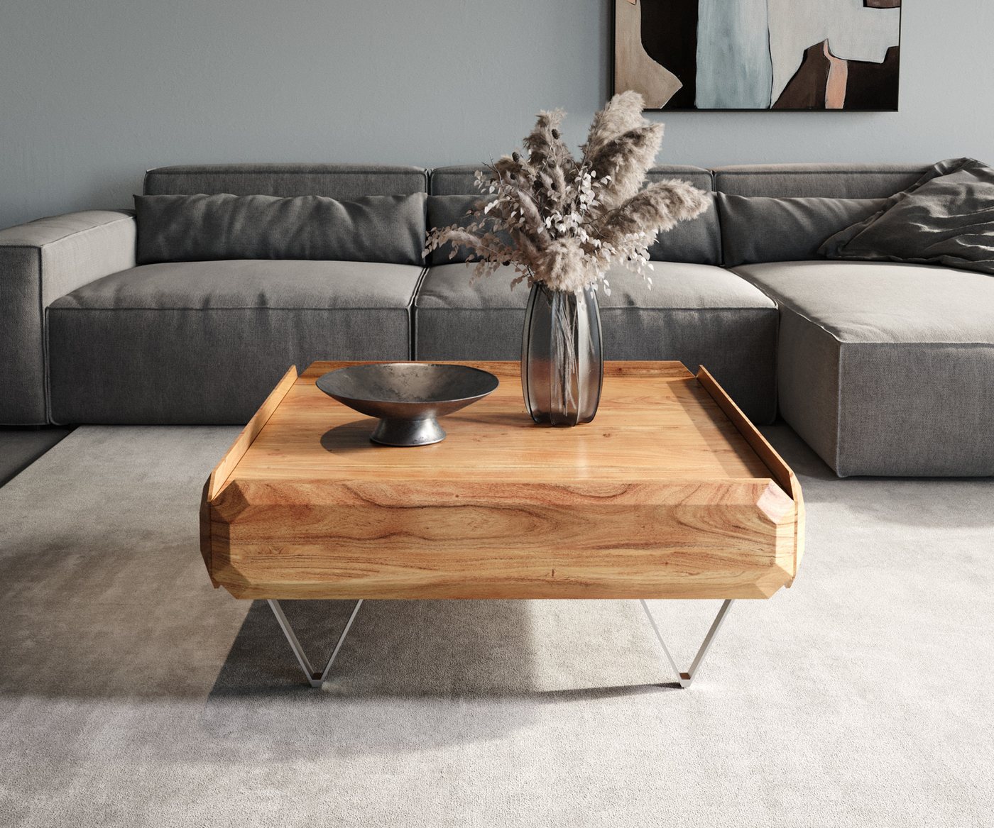 DELIFE Couchtisch Kiano, Akazie Natur 90x90 cm 2 Schübe V-Fuß Edelstahl – Bild 3 von 5