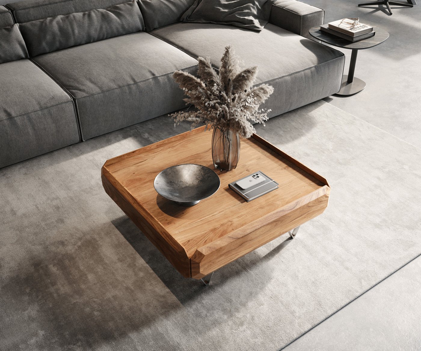 DELIFE Couchtisch Kiano, Akazie Natur 90x90 cm 2 Schübe V-Fuß Edelstahl – Bild 5 von 5