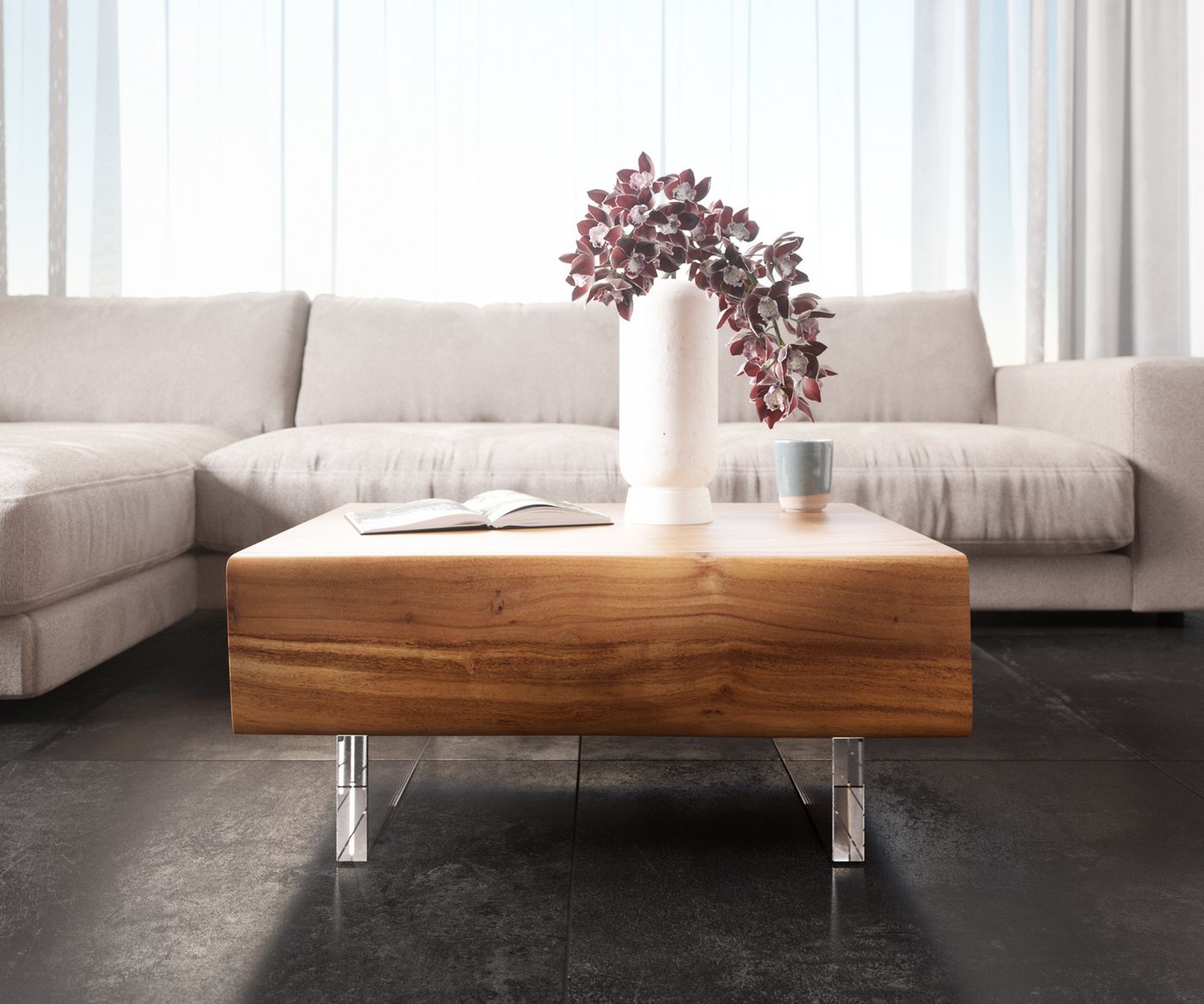 DELIFE Couchtisch New, Live-Edge Akazie Natur 80x60 cm 2 Schubladen Acrylfuß Couchtisch – Bild 3 von 5