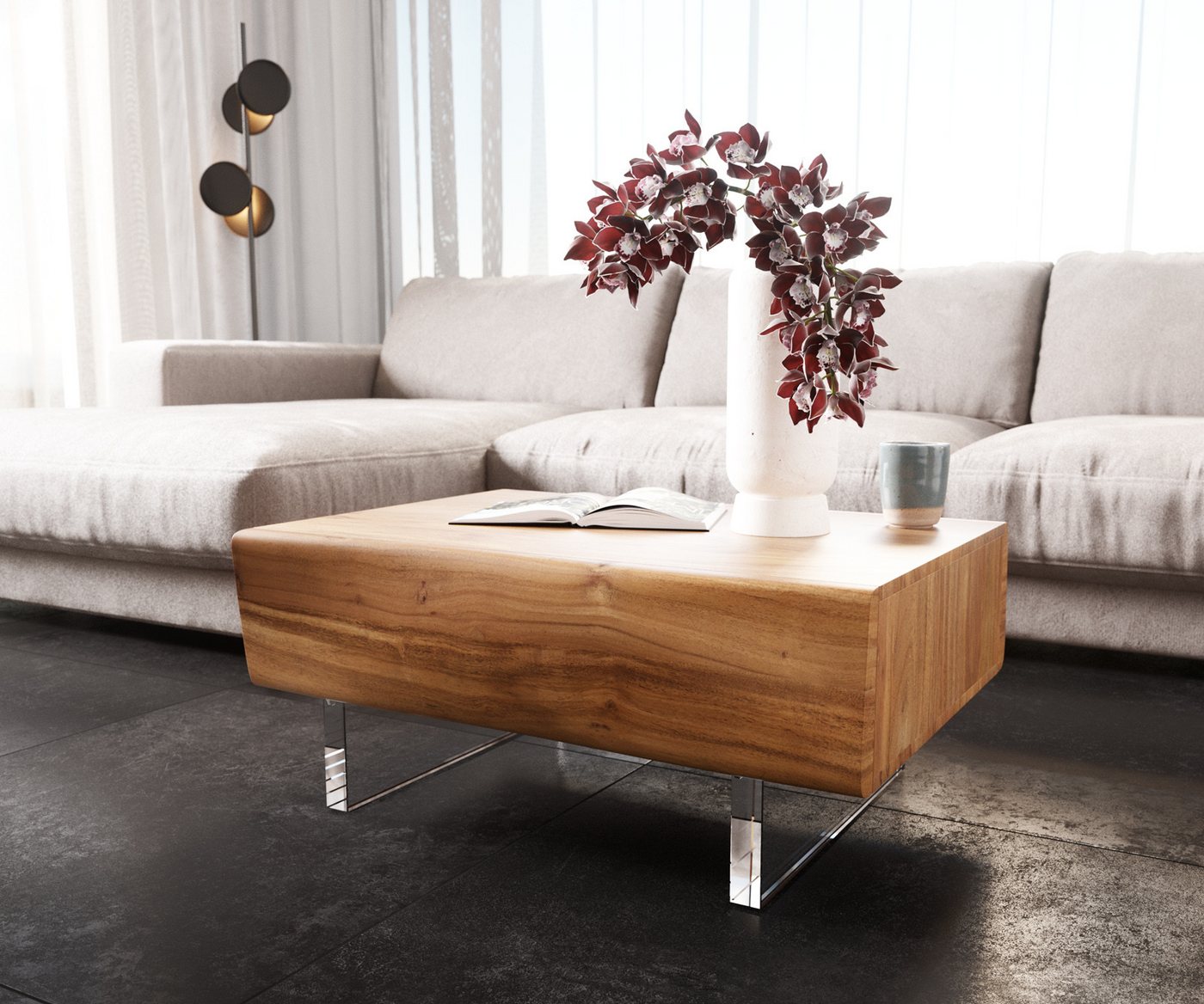 DELIFE Couchtisch New, Live-Edge Akazie Natur 80x60 cm 2 Schubladen Acrylfuß Couchtisch – Bild 5 von 5