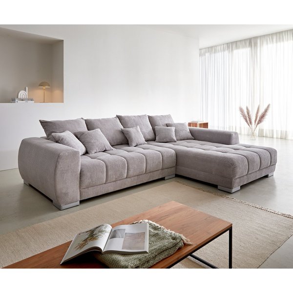 DELIFE Ecksofa Josea, Cord Silbergrau 300x220 cm Ottomane rechts Ecksofa