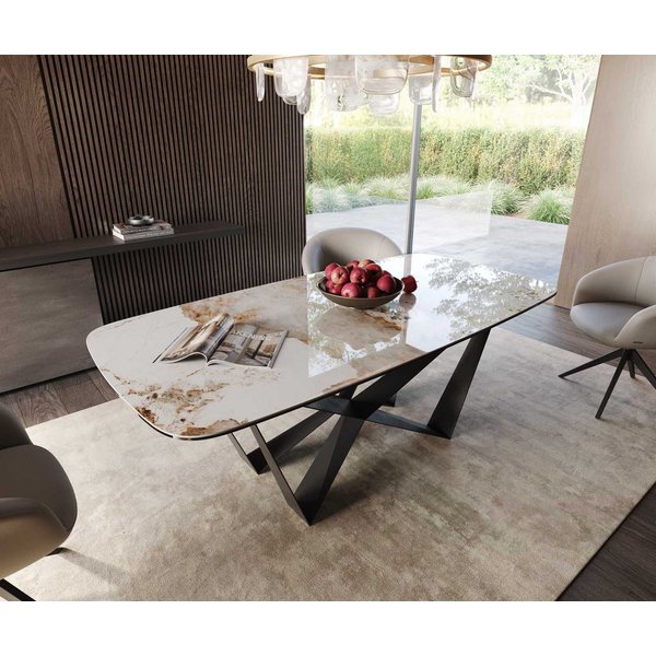 DELIFE Esstisch Edge, Boot Keramik Minas Melange Weiß-Beige 200x100 Spider Flachstahl Schwar
