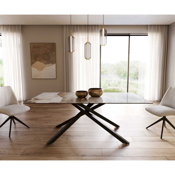 DELIFE Esstisch Edge, Keramik Minas Melange Weiß-Beige 200x100 Kreuzgestell Rechteck Schwarz