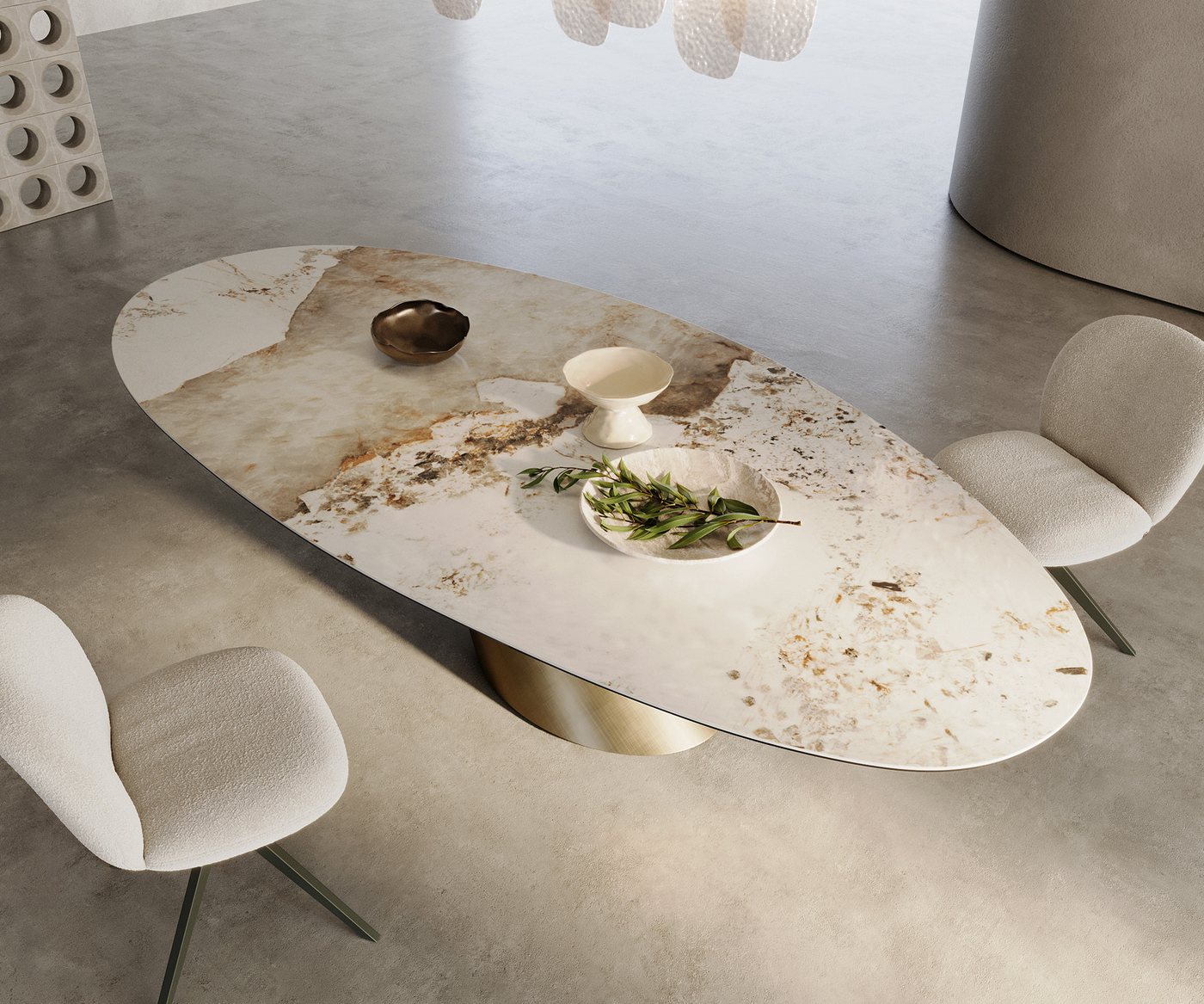 DELIFE Esstisch Edge, Oval Keramik Minas Melange Weiß-Beige 280x130 Cono Metallic Gold – Bild 3 von 5