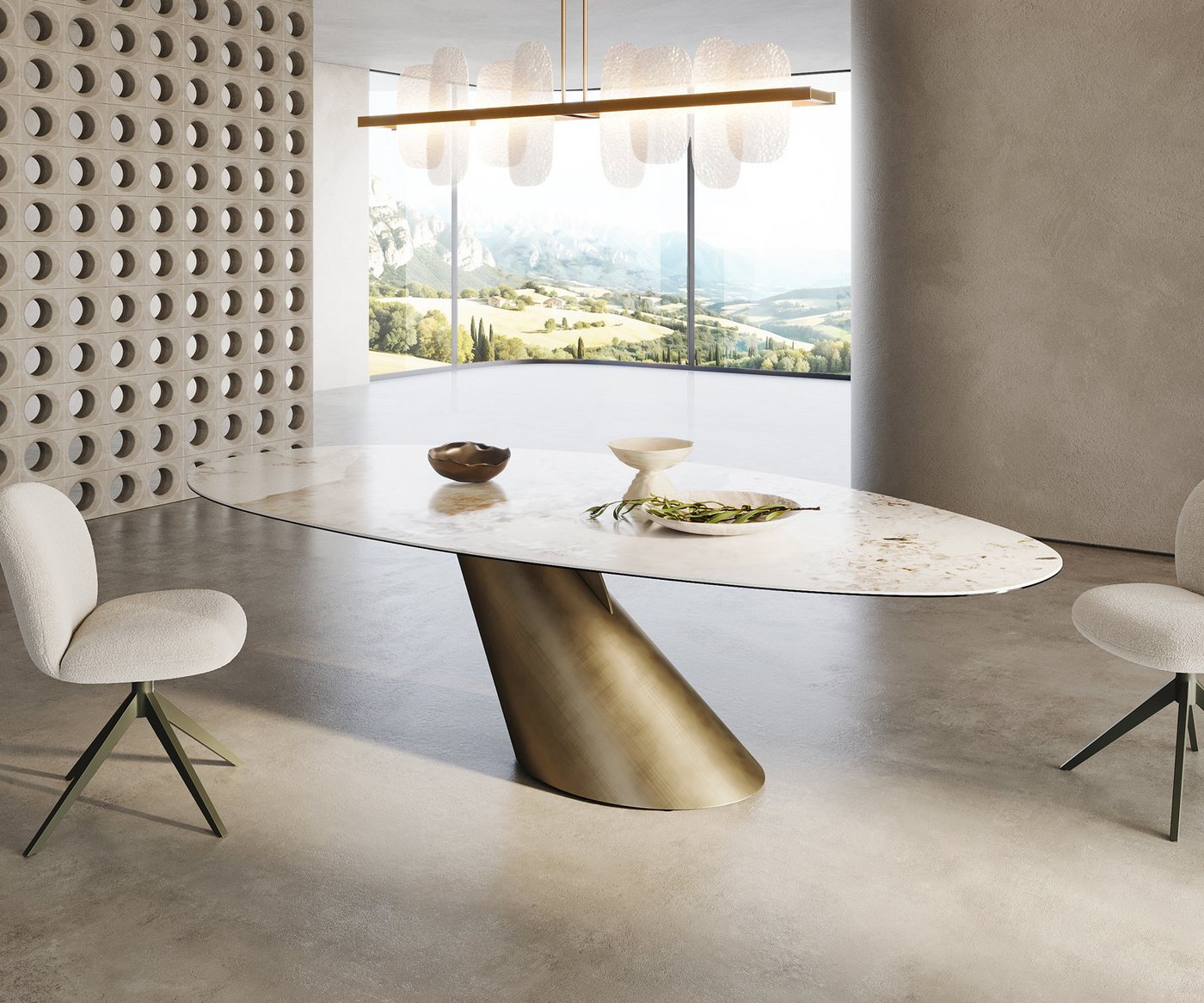DELIFE Esstisch Edge, Oval Keramik Minas Melange Weiß-Beige 280x130 Cono Metallic Gold – Bild 5 von 5