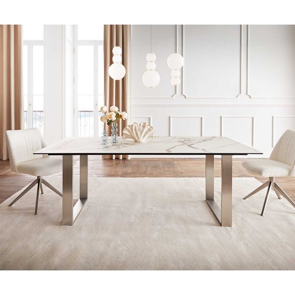 DELIFE Esstisch Edge, Keramik Calacatta Luxe Weiß-Gold-Grau 200x100 Edelstahl Schmal