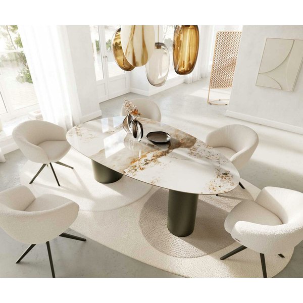 DELIFE Esstisch Edge, Oval Keramik Minas Melange Weiß-Beige 220x120 Troa Metall Effektfinish