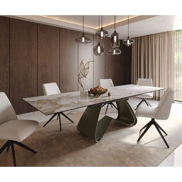 DELIFE Esstisch Edge, Keramik Minas Melange Weiß-Beige 200-300x100 W-Gestell Effektfinish Ti