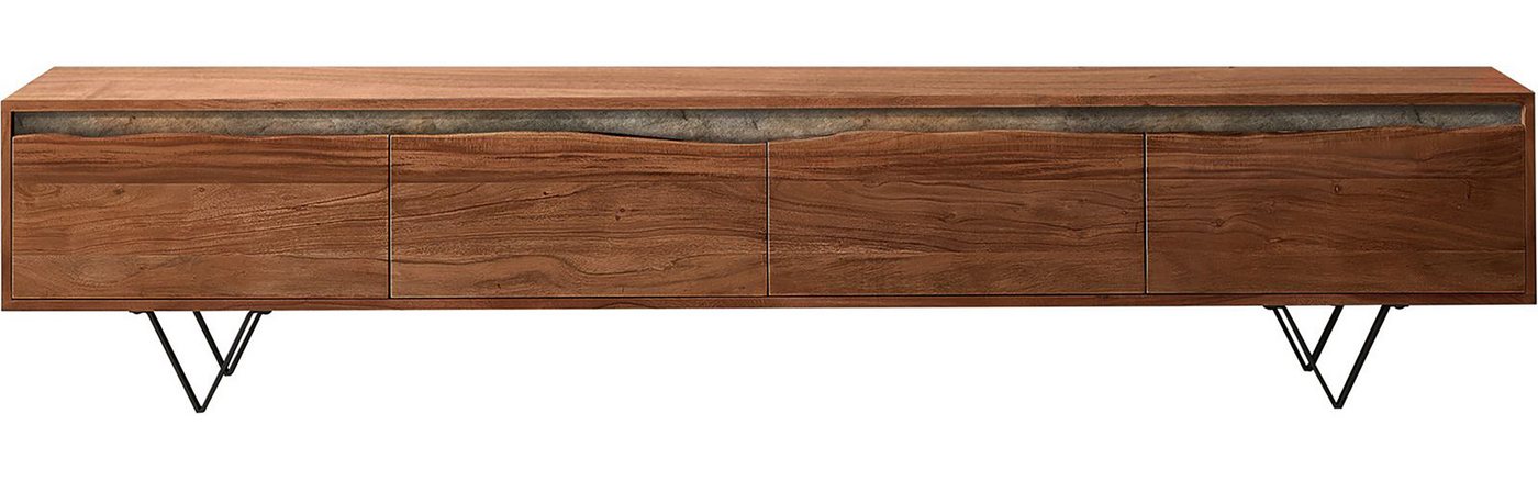 DELIFE Lowboard Stonegrace, Akazie Braun Baumkante 220 cm 4 Türen V-Fuß Schwarz Lowboard – Bild 2 von 5