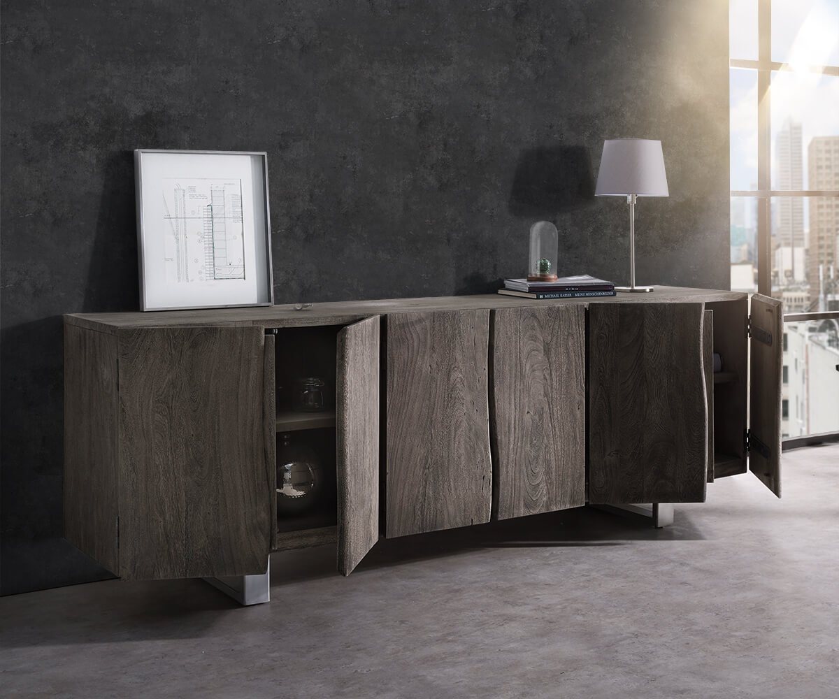 DELIFE Sideboard Live-Edge, Akazie Platin 220 cm 6 Türen Massivholz Baumkante Sideboard – Bild 3 von 5