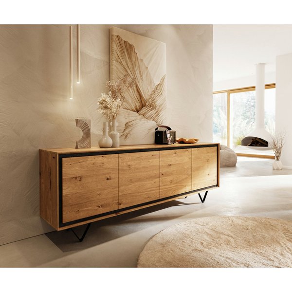 DELIFE Sideboard Stonegrace, Eiche Natur 200 cm 4 Türen Steinfurnier V-Fuß Metall Schwarz Sideboard