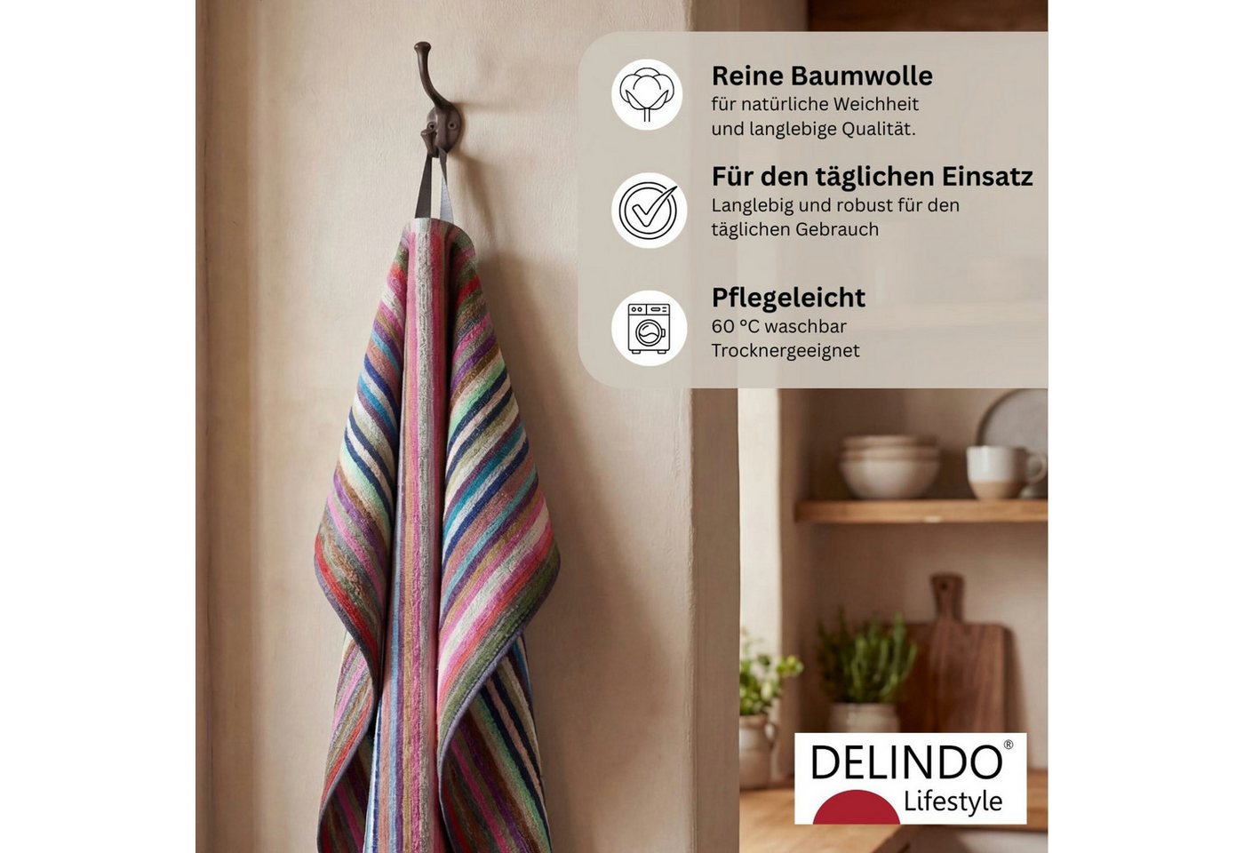 Delindo Lifestyle Geschirrtuch, Grubentuch aus Baumwolle, (5er Set, bunt gestreift ca. 50x90 cm) – Bild 4 von 5