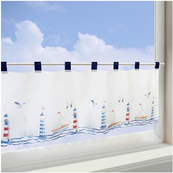 Delindo Lifestyle Scheibengardine Leuchttürme maritim, 45x120 cm, für Küche und Bad, Schlaufen, halbtransparent