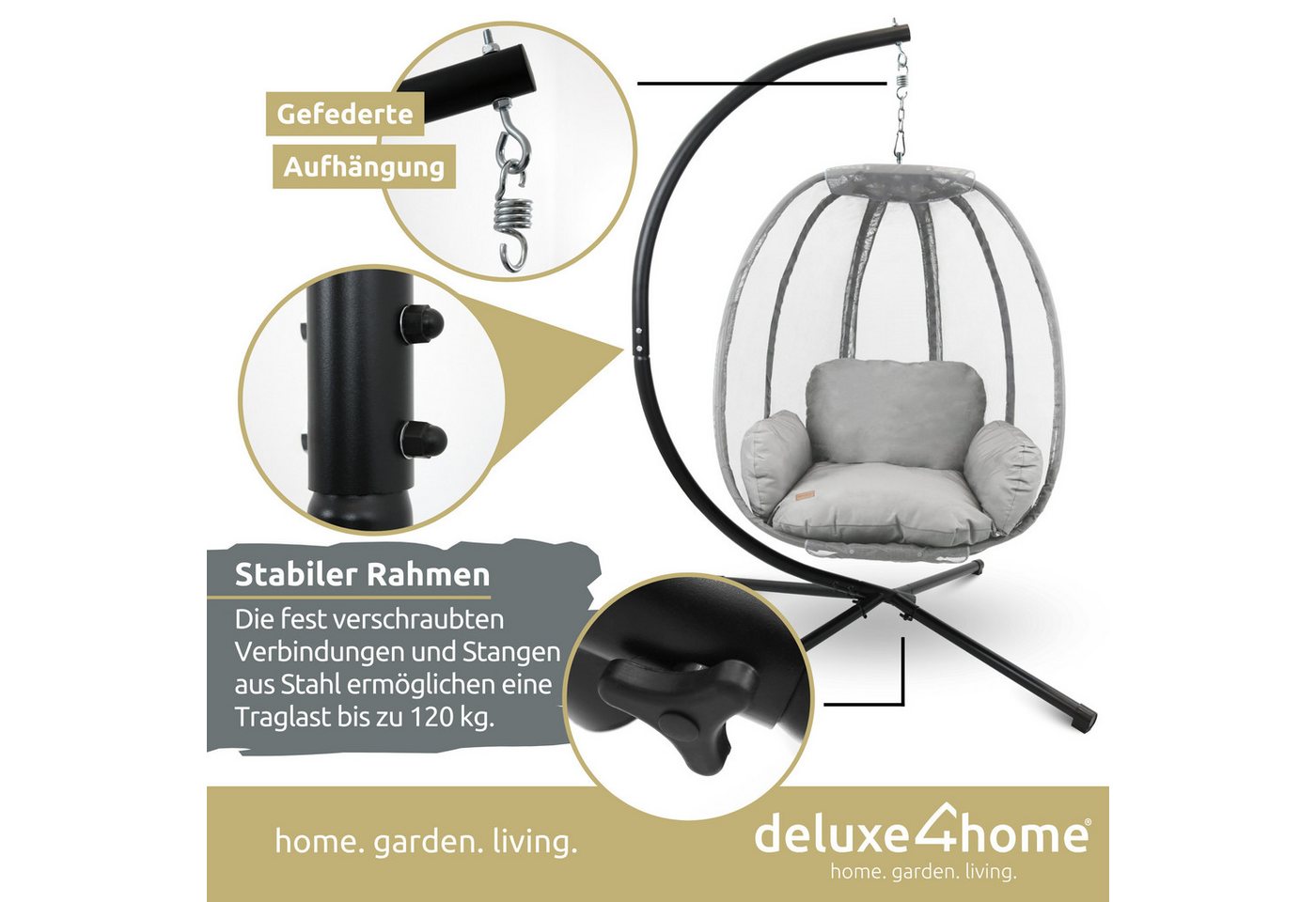 deluxe4home Hängesessel Hängekorb mit Gestell I Terrassenschaukel Hängeschaukel, inkl. Polster und Kuscheldecke – Bild 2 von 5