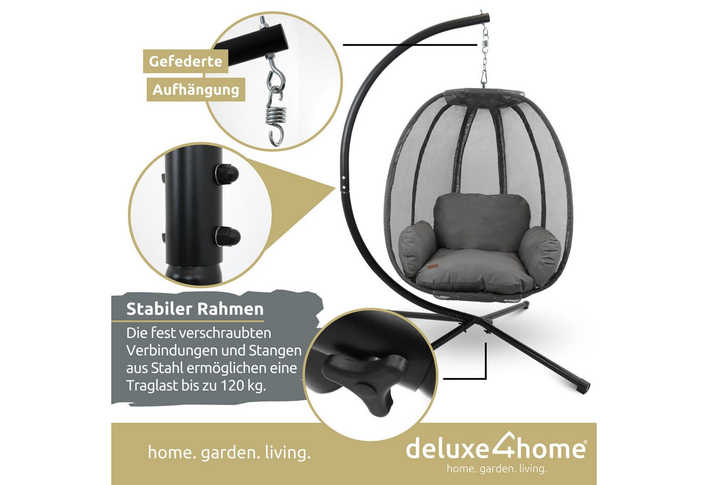 deluxe4home Hängesessel Hängekorb mit Gestell I Terrassenschaukel Hängeschaukel, inkl. Polster und Kuscheldecke – Bild 2 von 5