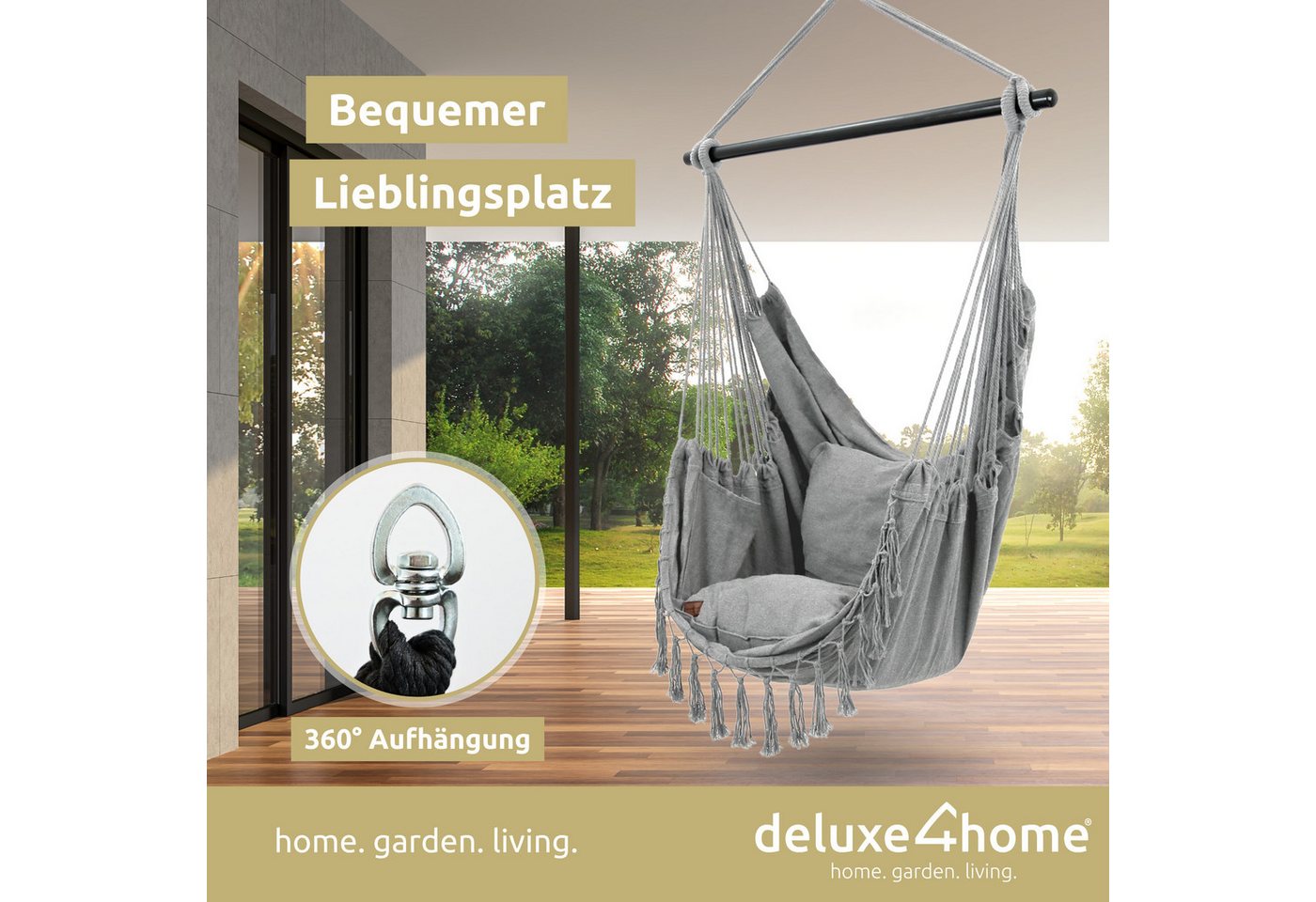 deluxe4home Hängesessel Hängeschaukel, Deckenschaukel Indoor & Outdoor I, inkl. Kissen, Kuscheldecke & Getränkehalter – Bild 2 von 5