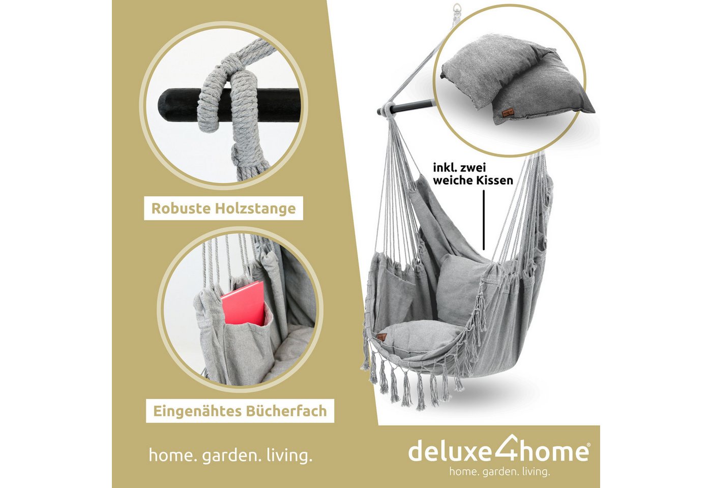 deluxe4home Hängesessel Hängeschaukel, Deckenschaukel Indoor & Outdoor I, inkl. Kissen, Kuscheldecke & Getränkehalter – Bild 3 von 5