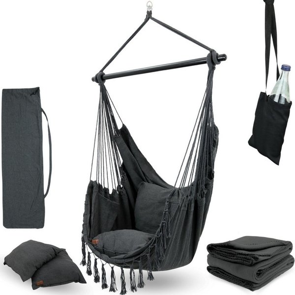 deluxe4home Hängesessel Hängeschaukel, Deckenschaukel Indoor & Outdoor I, inkl. Kissen, Kuscheldecke & Getränkehalter