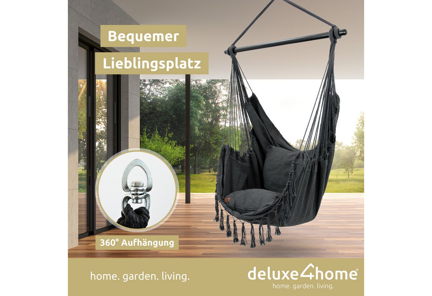 deluxe4home Hängesessel Hängeschaukel, Deckenschaukel Indoor & Outdoor I, inkl. Kissen, Kuscheldecke & Getränkehalter – Bild 2 von 5