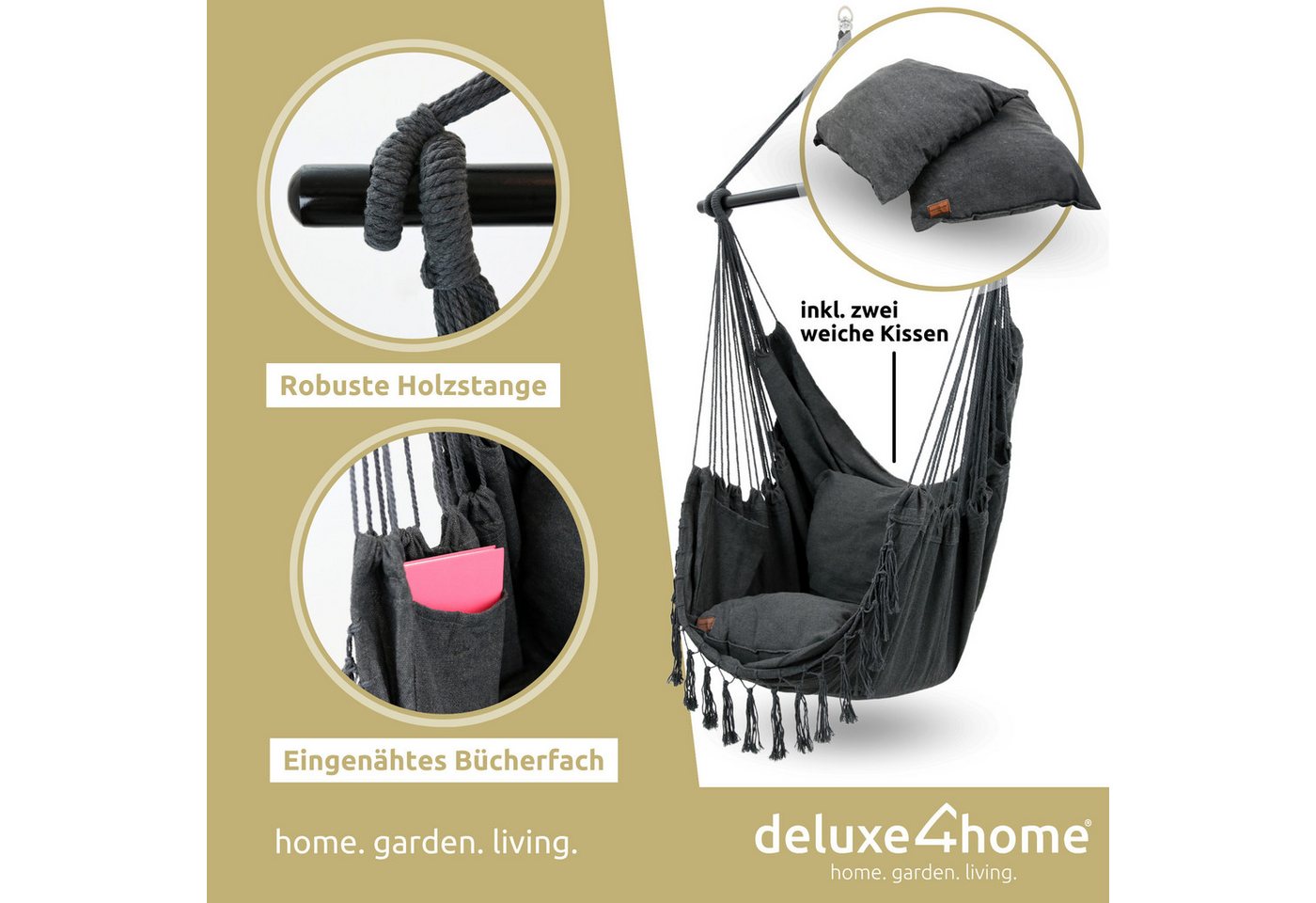deluxe4home Hängesessel Hängeschaukel, Deckenschaukel Indoor & Outdoor I, inkl. Kissen, Kuscheldecke & Getränkehalter – Bild 3 von 5