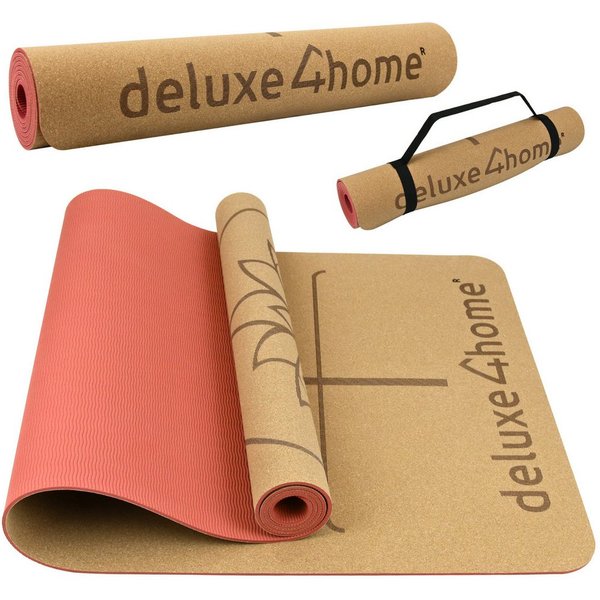 deluxe4home Yogamatte Gymnastikmatte Kork mit Ausrichtungslinien I Turnmatte Fitness Matte, inkl. Tragegurt