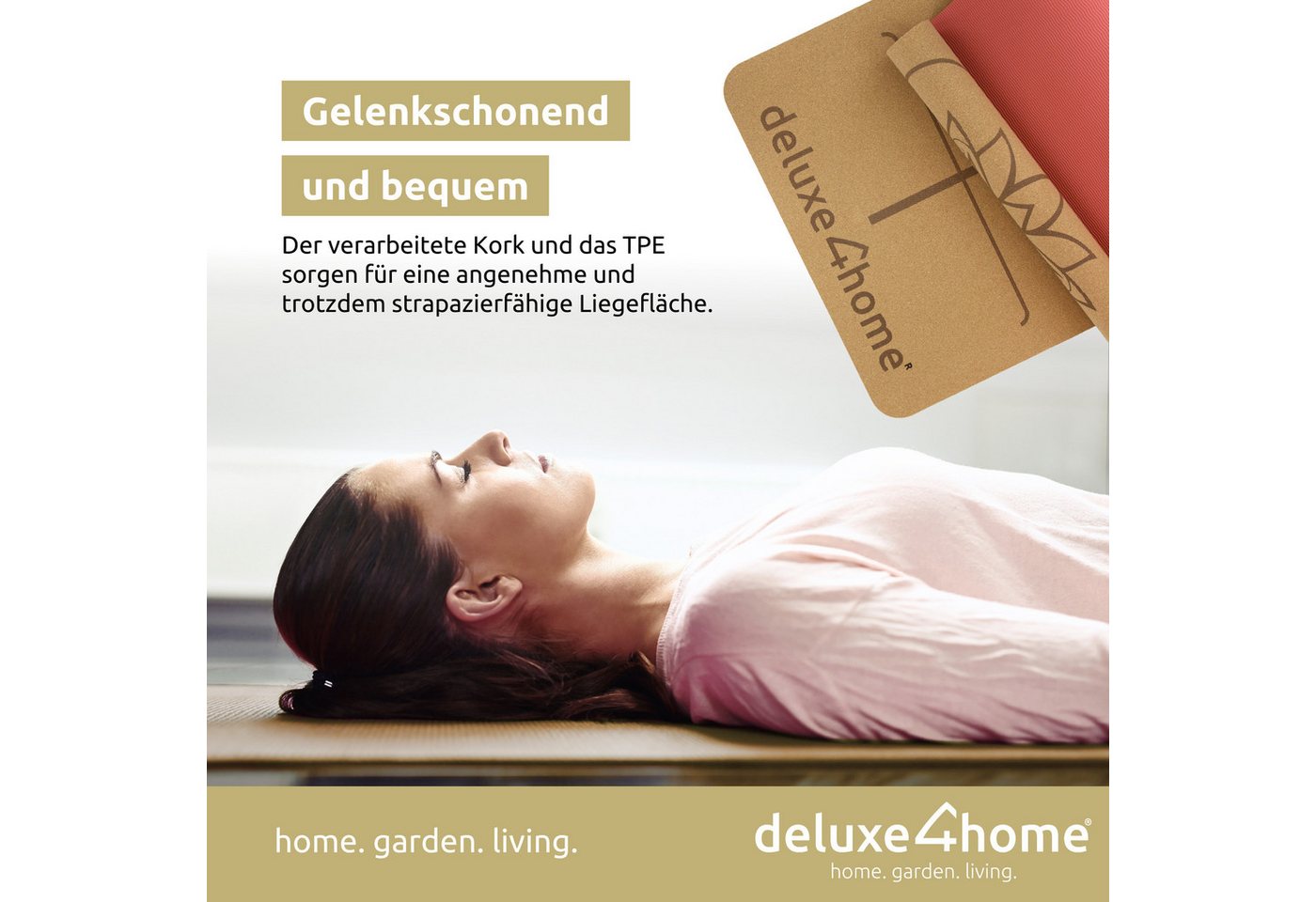 deluxe4home Yogamatte Gymnastikmatte Kork mit Ausrichtungslinien I Turnmatte Fitness Matte, inkl. Tragegurt – Bild 2 von 5