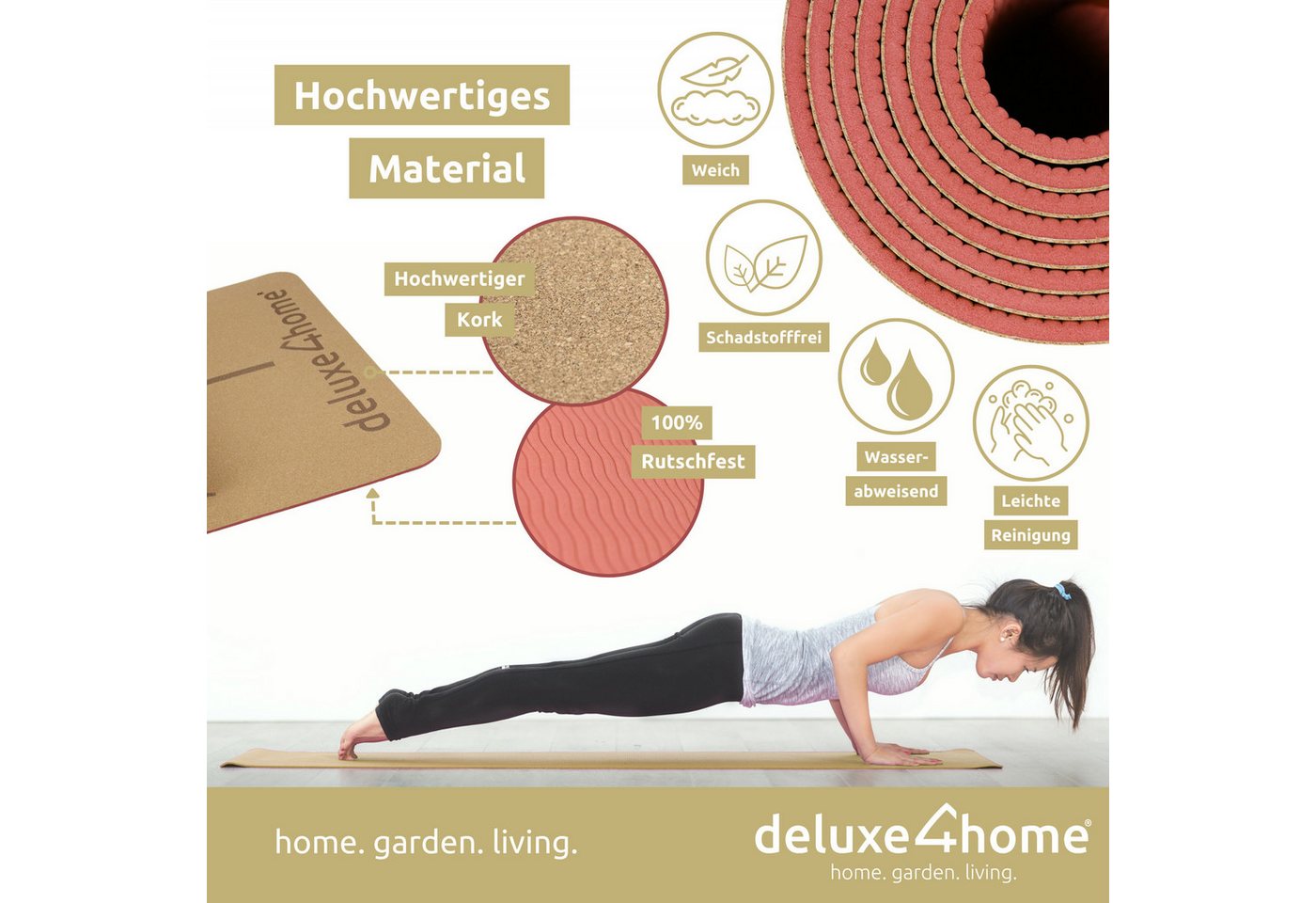 deluxe4home Yogamatte Gymnastikmatte Kork mit Ausrichtungslinien I Turnmatte Fitness Matte, inkl. Tragegurt – Bild 3 von 5