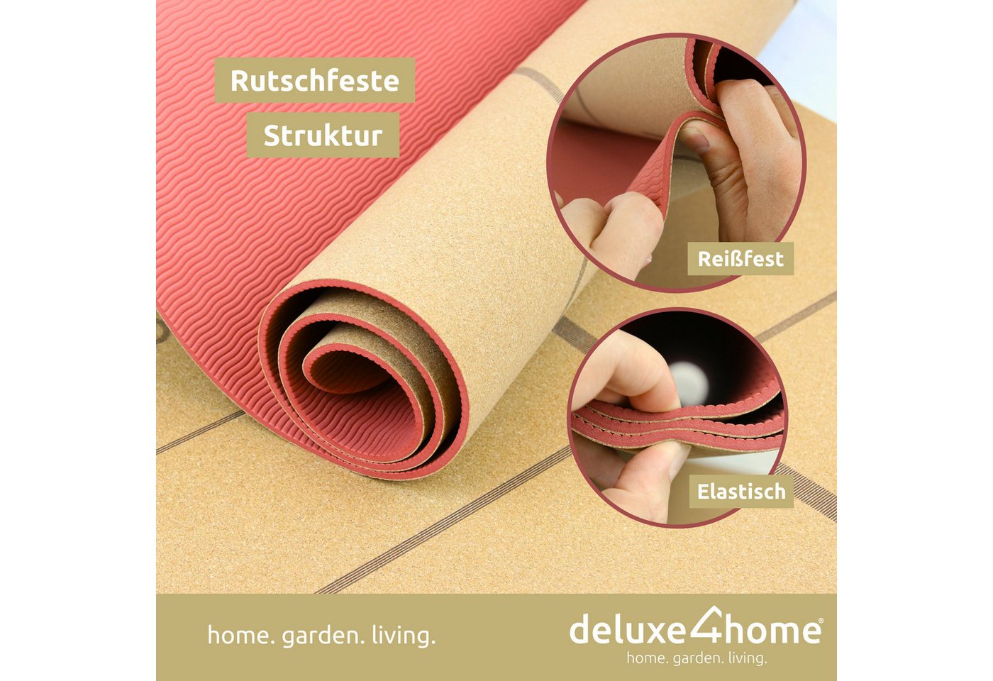 deluxe4home Yogamatte Gymnastikmatte Kork mit Ausrichtungslinien I Turnmatte Fitness Matte, inkl. Tragegurt – Bild 4 von 5