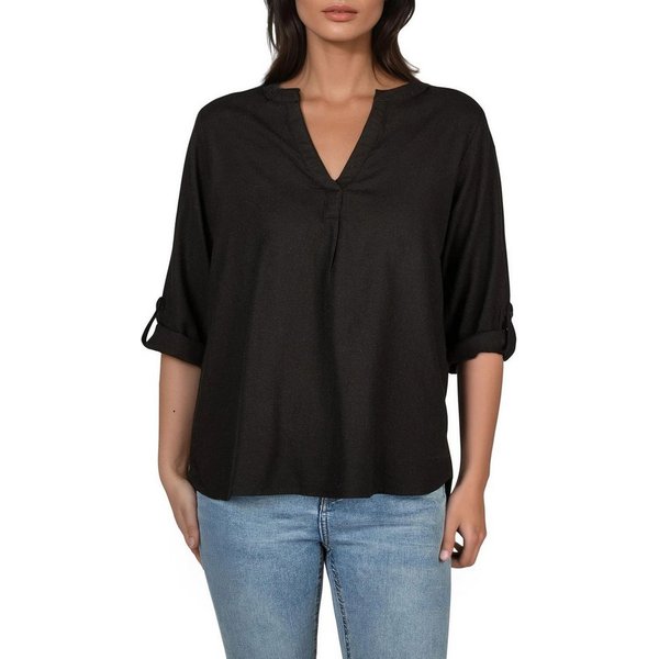 DENIMFY Hemdbluse Damen Leinen Bluse DFSara Regular Fit Tunika mit V-Ausschnitt und Serafino Kragen